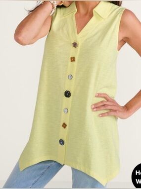 Soft Surroundings medium Danielle button sleeveless tunic top yellow shirt